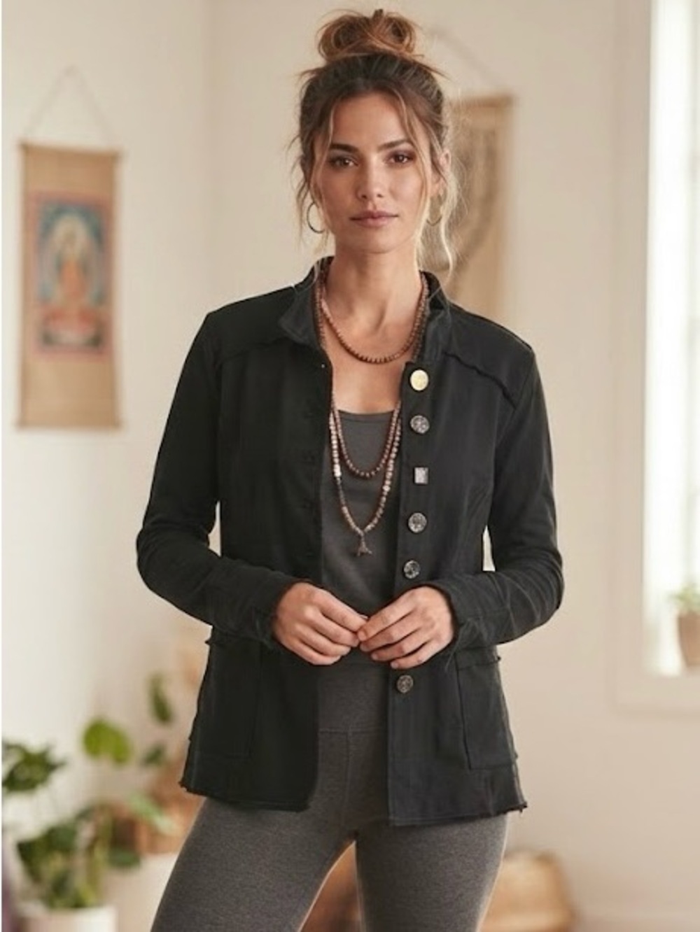 Neon Buddha Black Button-Front Jacket Embellished Buttons Yoga Eclectic Cotton